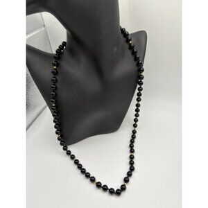 Vintage Black Onyx Beaded Necklace Gold Spacer Accent